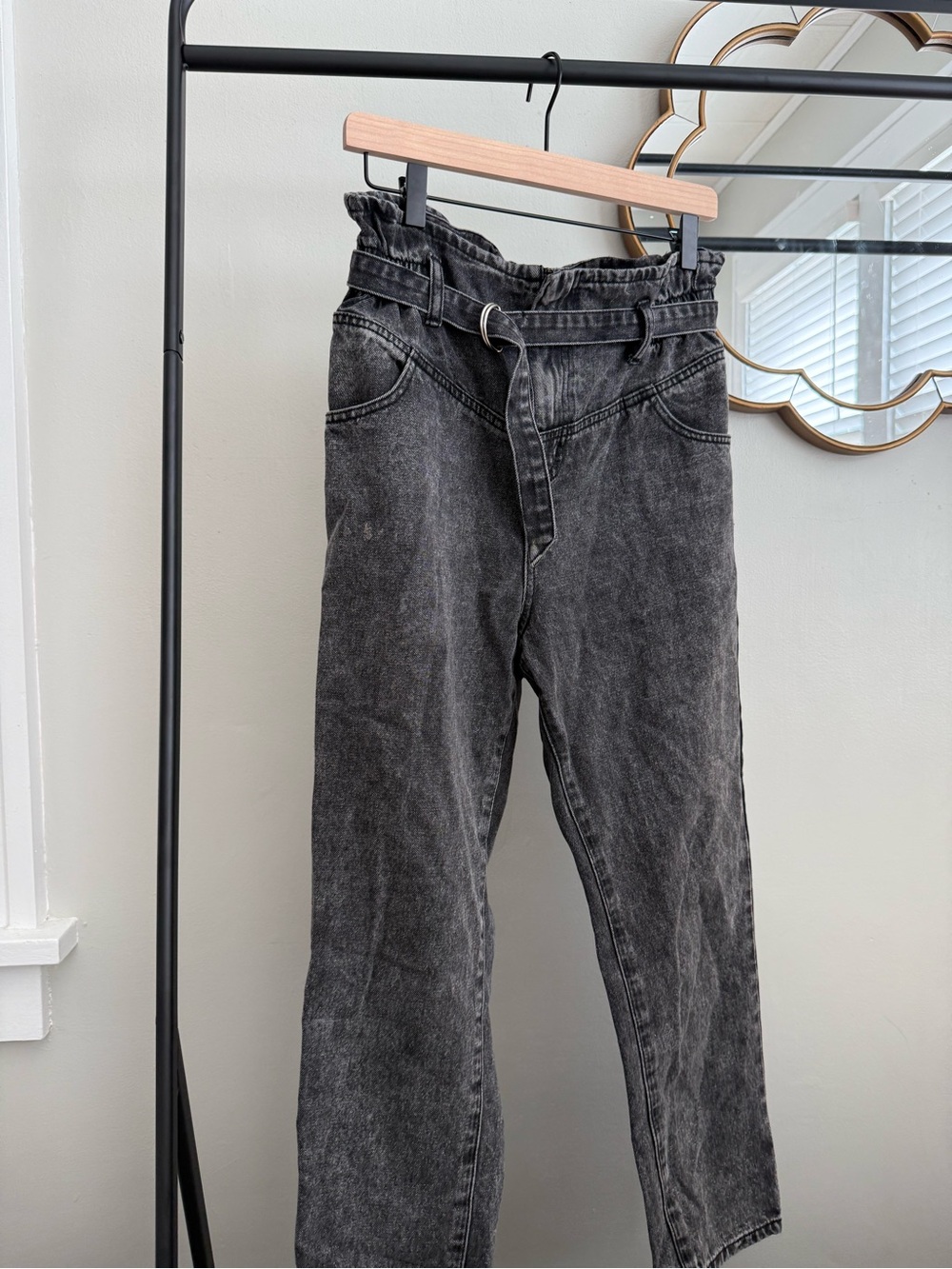 High-Rise Paperbag Straight Leg Pants - Washed Black